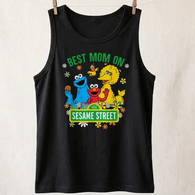 Colorful cartoon print of Sesame Street characters with text Best Mom On Sesame Street — printed on a tank top