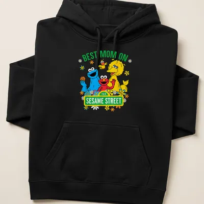Colorful cartoon print of Sesame Street characters with text Best Mom On Sesame Street — printed on a unisex hoodie