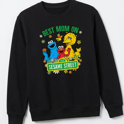 Colorful cartoon print of Sesame Street characters with text Best Mom On Sesame Street — printed on a unisex sweatshirt