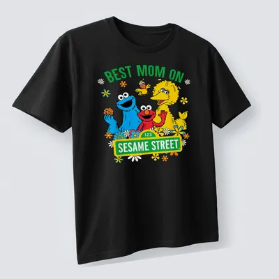 Colorful cartoon print of Sesame Street characters with text Best Mom On Sesame Street — printed on a unisex t-shirt (angled view)