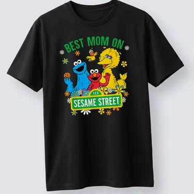 Colorful cartoon print of Sesame Street characters with text Best Mom On Sesame Street