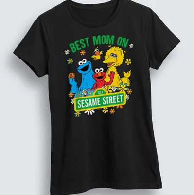 Colorful cartoon print of Sesame Street characters with text Best Mom On Sesame Street — printed on a women's shirt