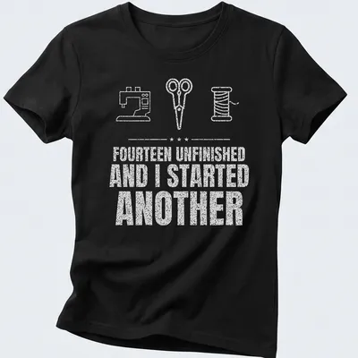 Typography t-shirt featuring a sewing machine, scissors, and a spool with humorous text — printed on a women's shirt