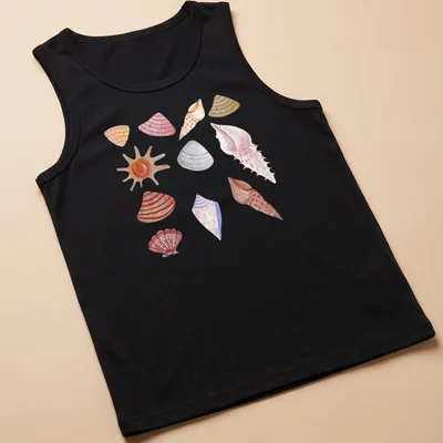 Watercolor pattern featuring various shells in soft hues of pink, peach, beige, purple, and orange. — printed on a tank top