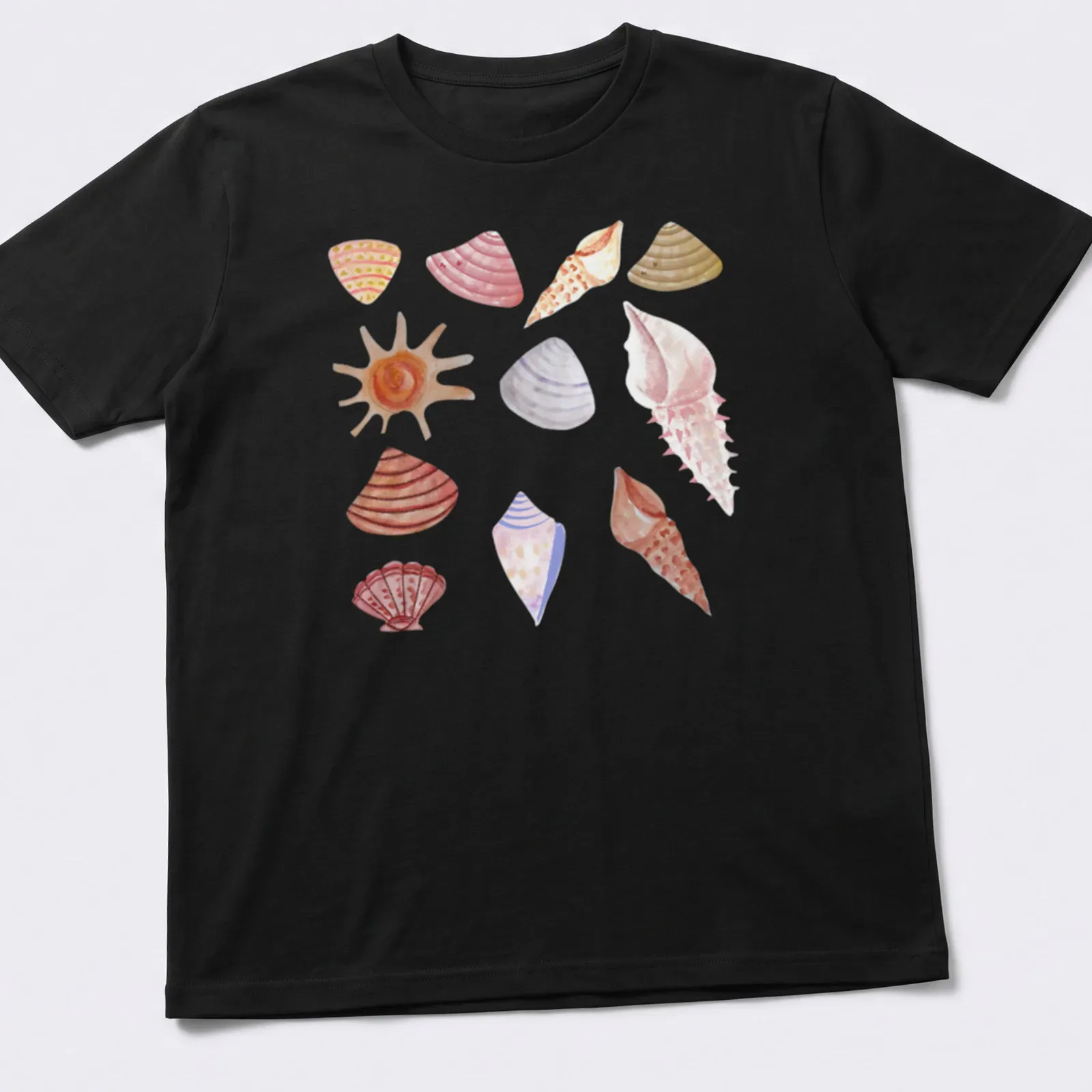 Watercolor pattern featuring various shells in soft hues of pink, peach, beige, purple, and orange. — printed on a unisex t-shirt