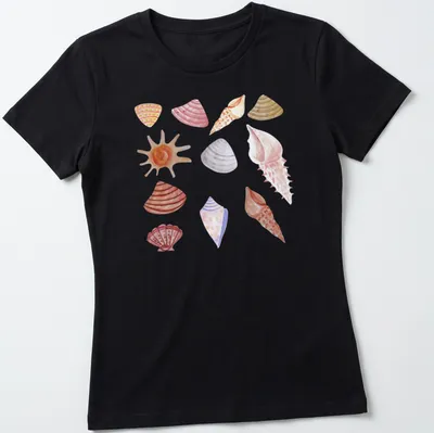 Watercolor pattern featuring various shells in soft hues of pink, peach, beige, purple, and orange. — printed on a women's shirt