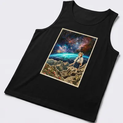 Vintage cosmic shirt featuring a Shiba Inu sushi chef rolling rice under a starry sky. — printed on a tank top