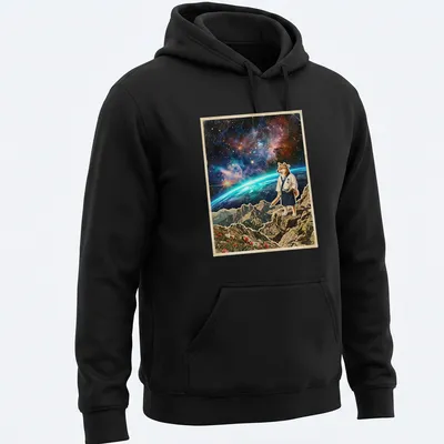 Vintage cosmic shirt featuring a Shiba Inu sushi chef rolling rice under a starry sky. — printed on a unisex hoodie