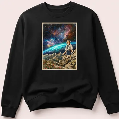 Vintage cosmic shirt featuring a Shiba Inu sushi chef rolling rice under a starry sky. — printed on a unisex sweatshirt