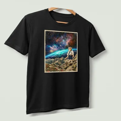 Vintage cosmic shirt featuring a Shiba Inu sushi chef rolling rice under a starry sky. — printed on a unisex t-shirt (angled view)