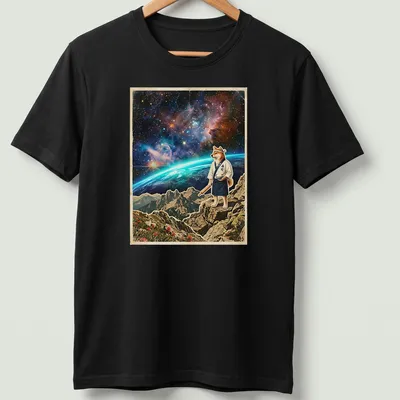 Vintage cosmic shirt featuring a Shiba Inu sushi chef rolling rice under a starry sky.