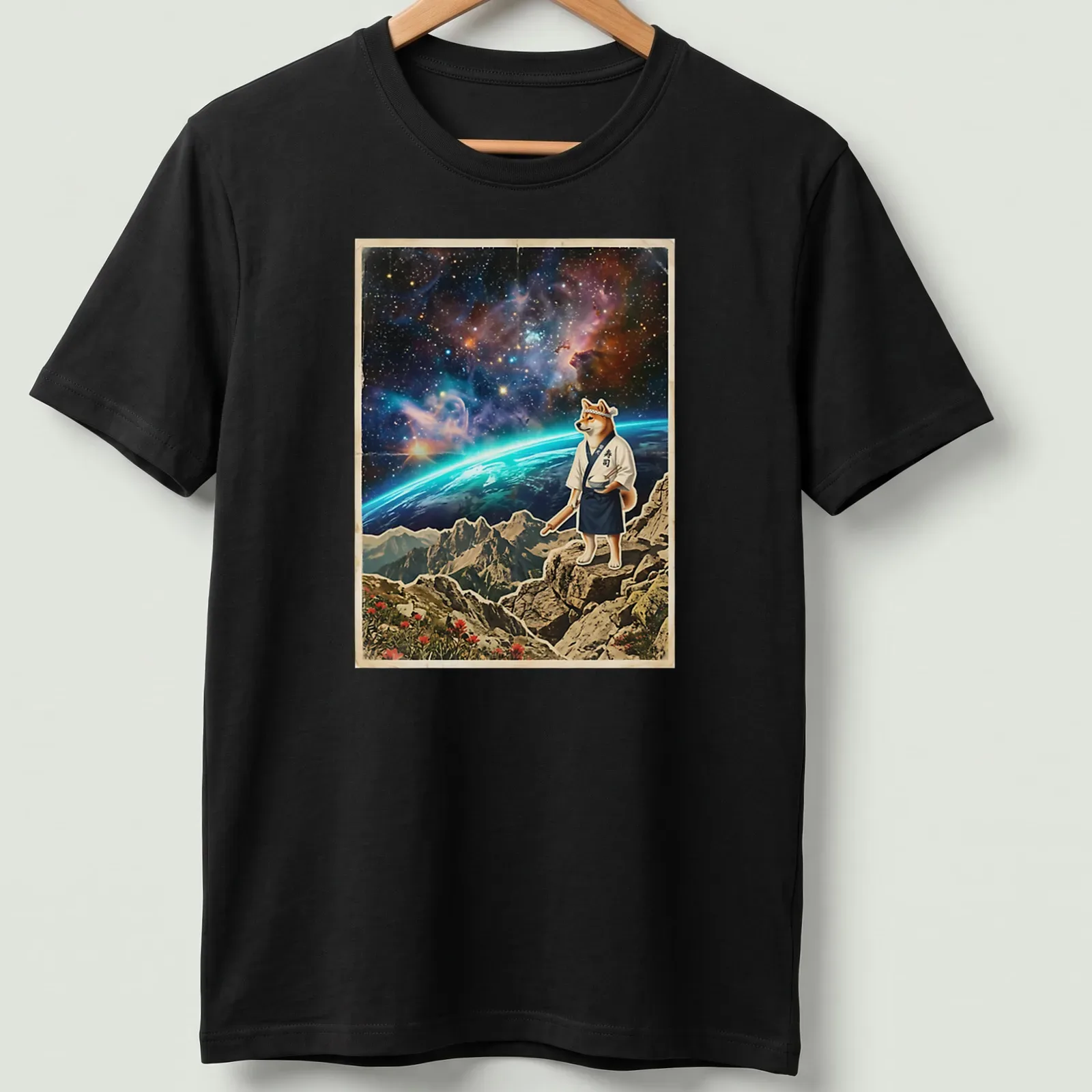 Vintage cosmic shirt featuring a Shiba Inu sushi chef rolling rice under a starry sky. — printed on a unisex t-shirt