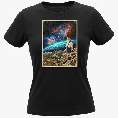 Vintage cosmic shirt featuring a Shiba Inu sushi chef rolling rice under a starry sky. — printed on a women's shirt