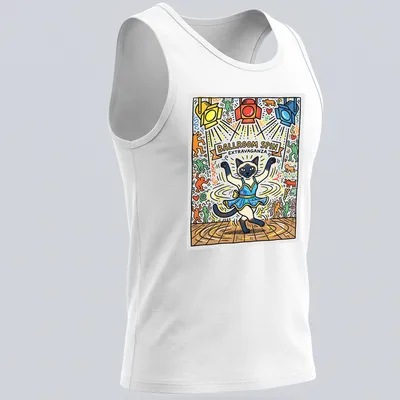 Colorful illustration of a dancing Siamese cat with vibrant text. — printed on a tank top