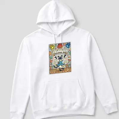 Colorful illustration of a dancing Siamese cat with vibrant text. — printed on a unisex hoodie