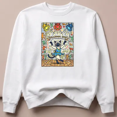 Colorful illustration of a dancing Siamese cat with vibrant text. — printed on a unisex sweatshirt
