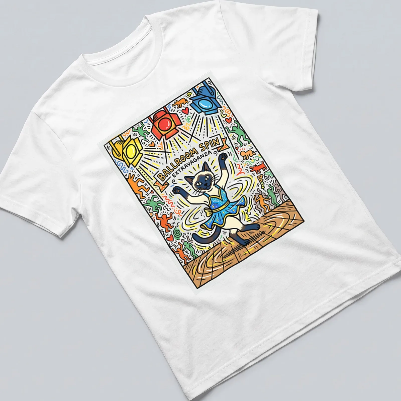 Colorful illustration of a dancing Siamese cat with vibrant text. — printed on a unisex t-shirt