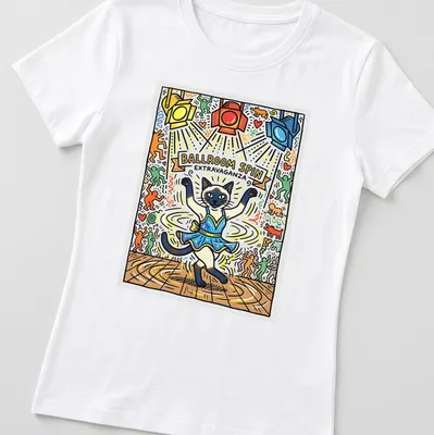 Colorful illustration of a dancing Siamese cat with vibrant text. — printed on a women's shirt