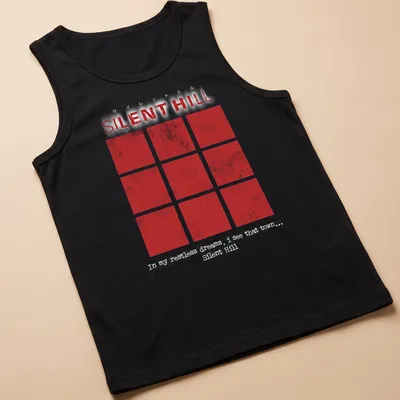 Grunge-style t-shirt featuring red squares and Silent Hill text. — printed on a tank top