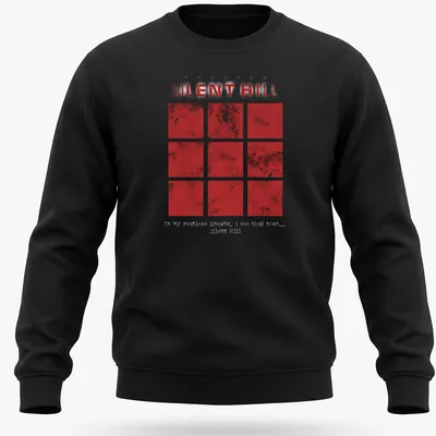 Grunge-style t-shirt featuring red squares and Silent Hill text. — printed on a unisex sweatshirt