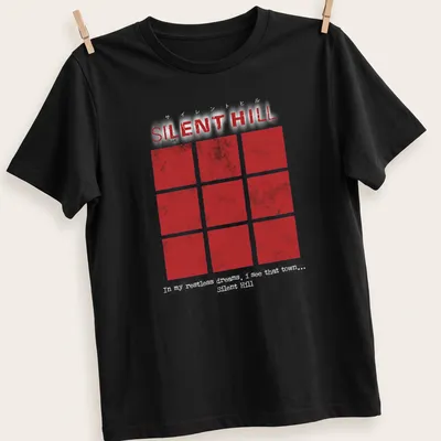 Grunge-style t-shirt featuring red squares and Silent Hill text.