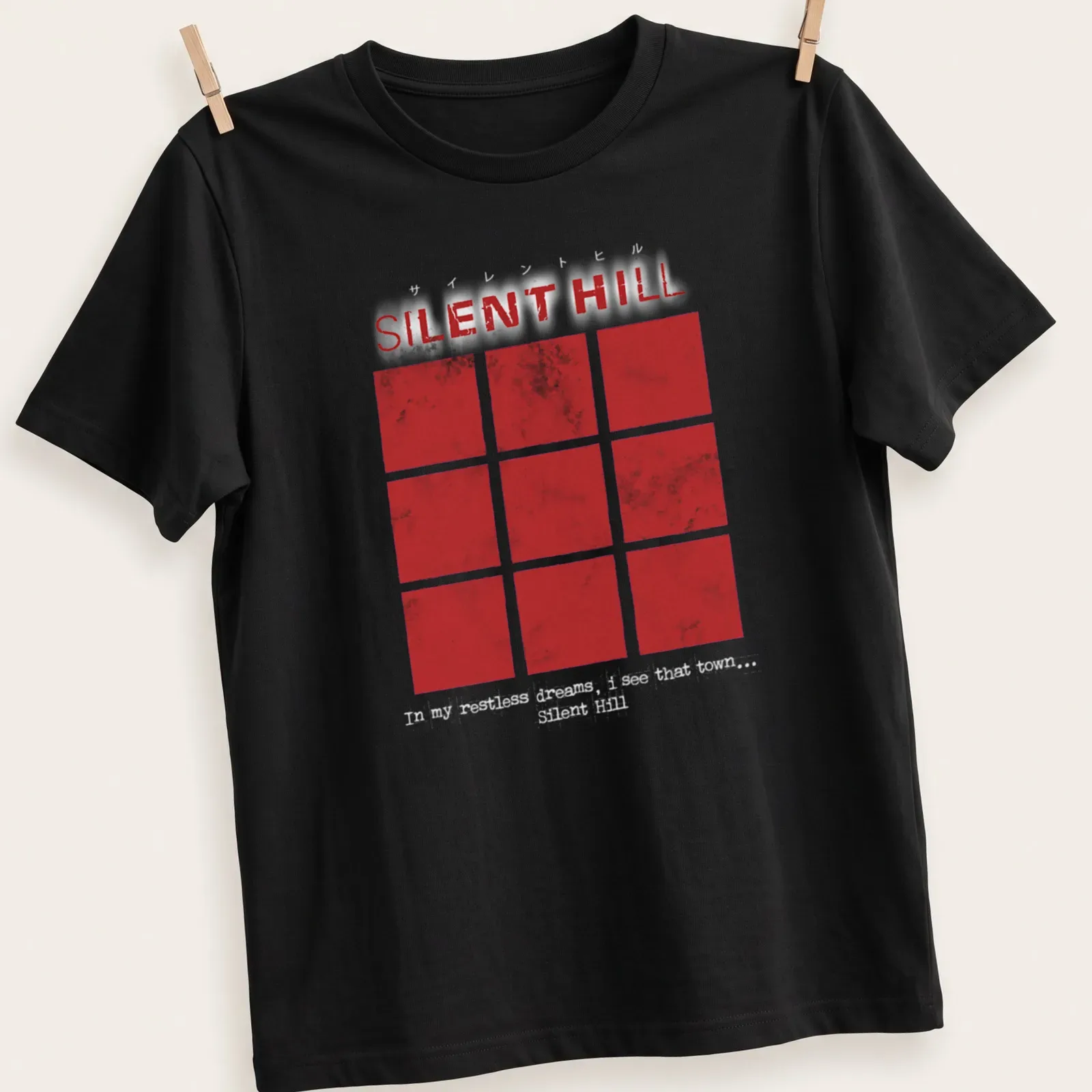 Grunge-style t-shirt featuring red squares and Silent Hill text. — printed on a unisex t-shirt