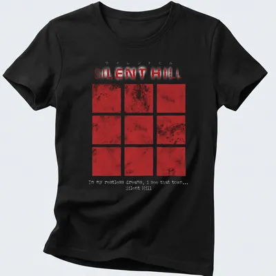 Grunge-style t-shirt featuring red squares and Silent Hill text. — printed on a women's shirt