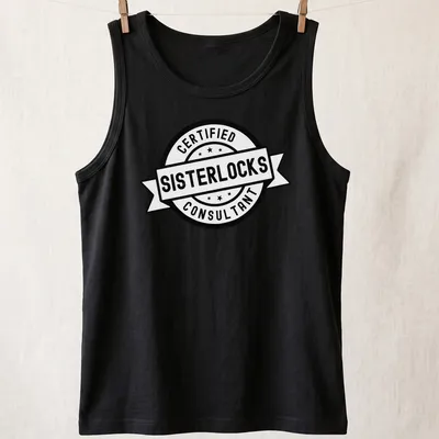 Vintage badge style t-shirt for Sisterlocks certified consultants in black and white — printed on a tank top
