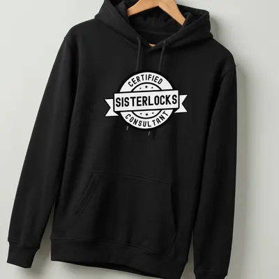 Vintage badge style t-shirt for Sisterlocks certified consultants in black and white — printed on a unisex hoodie