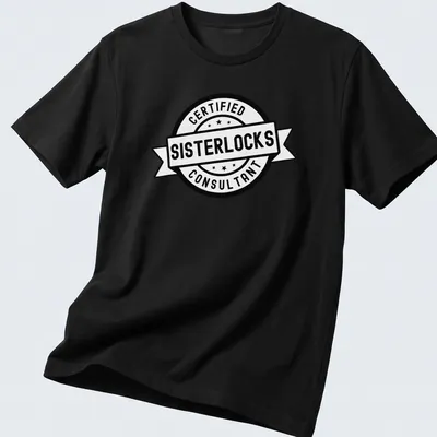 Vintage badge style t-shirt for Sisterlocks certified consultants in black and white