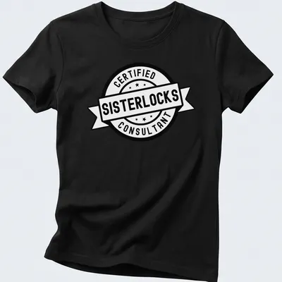 Vintage badge style t-shirt for Sisterlocks certified consultants in black and white — printed on a women's shirt