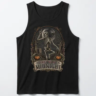 Vintage gothic t-shirt with skeleton and text 'MEET ME AT MIDNIGHT' in black, white, orange, and gray — printed on a tank top