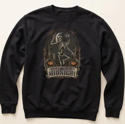 Vintage gothic t-shirt with skeleton and text 'MEET ME AT MIDNIGHT' in black, white, orange, and gray — printed on a unisex sweatshirt