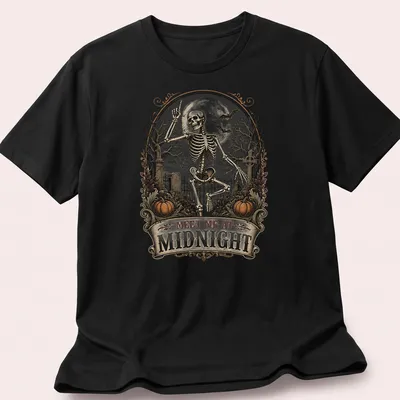 Vintage gothic t-shirt with skeleton and text 'MEET ME AT MIDNIGHT' in black, white, orange, and gray