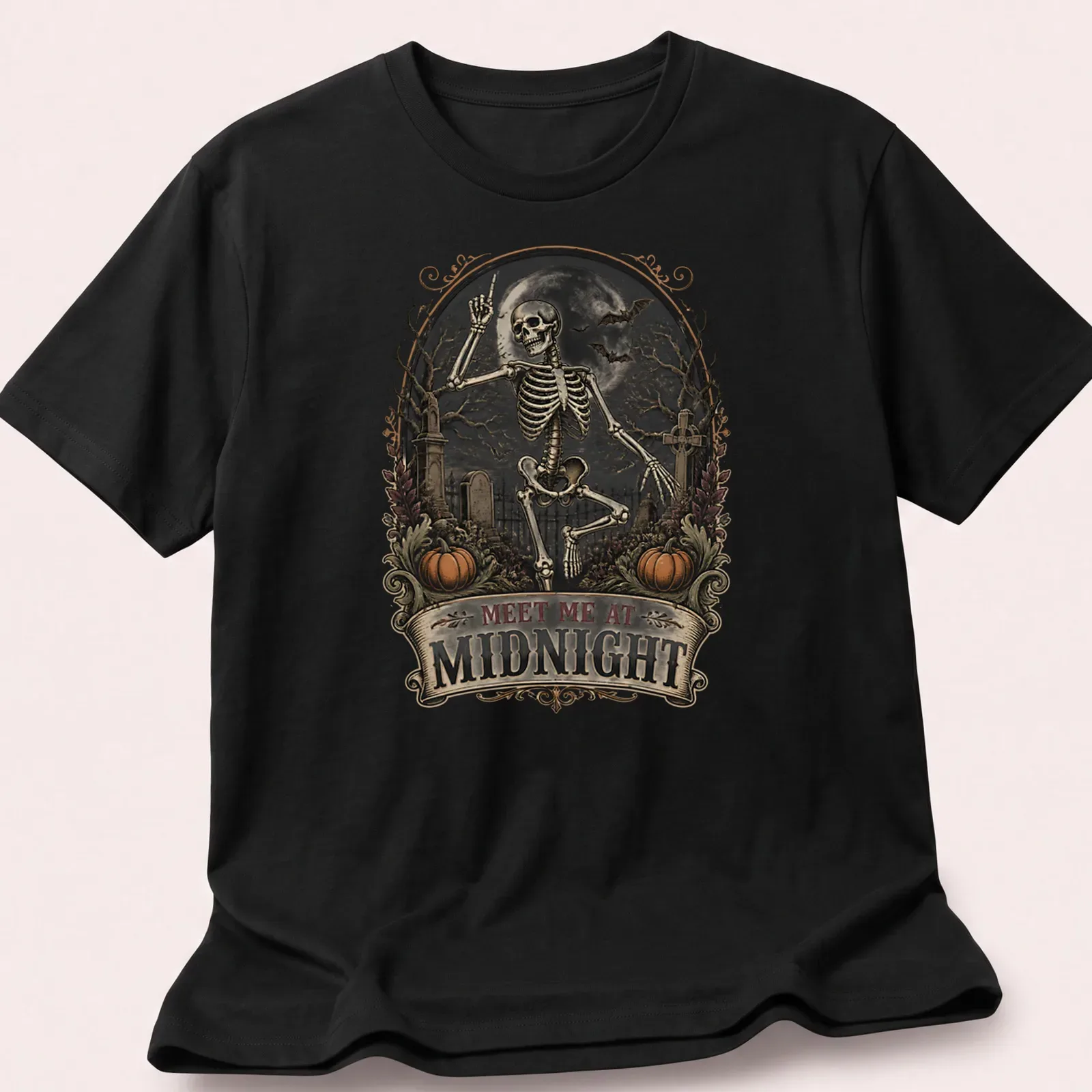 Vintage gothic t-shirt with skeleton and text 'MEET ME AT MIDNIGHT' in black, white, orange, and gray — printed on a unisex t-shirt