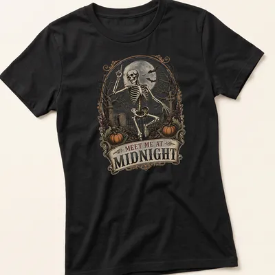Vintage gothic t-shirt with skeleton and text 'MEET ME AT MIDNIGHT' in black, white, orange, and gray — printed on a women's shirt