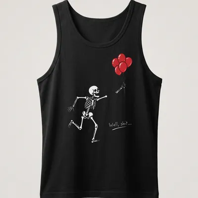 Funny cartoon skeleton holding red balloons with the text 'Well shit...' — printed on a tank top