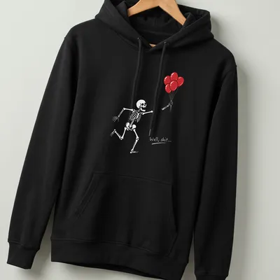 Funny cartoon skeleton holding red balloons with the text 'Well shit...' — printed on a unisex hoodie