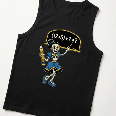 Cartoon skeleton teacher with math equation in colorful design — printed on a tank top