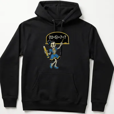 Cartoon skeleton teacher with math equation in colorful design — printed on a unisex hoodie