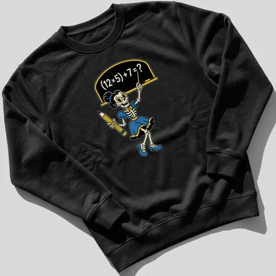 Cartoon skeleton teacher with math equation in colorful design — printed on a unisex sweatshirt