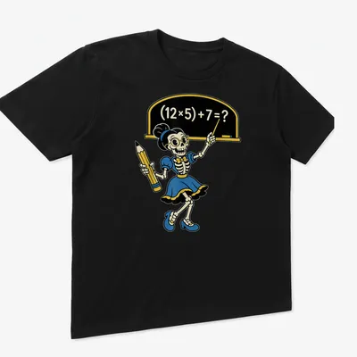 Cartoon skeleton teacher with math equation in colorful design — printed on a unisex t-shirt (angled view)