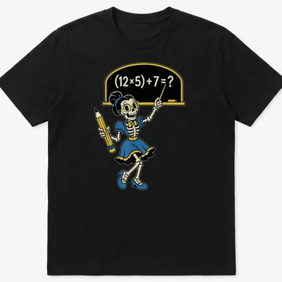 Cartoon skeleton teacher with math equation in colorful design