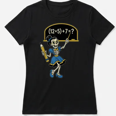 Cartoon skeleton teacher with math equation in colorful design — printed on a women's shirt