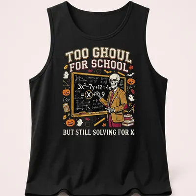 Vintage cartoon Skeleton Teacher t-shirt with humorous school-related text — printed on a tank top