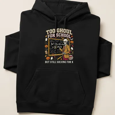 Vintage cartoon Skeleton Teacher t-shirt with humorous school-related text — printed on a unisex hoodie