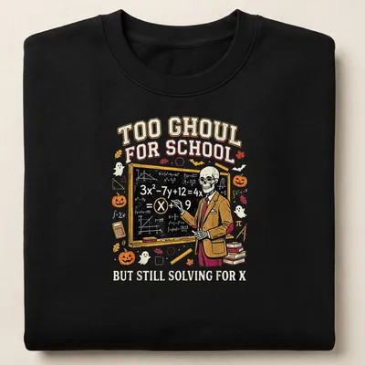 Vintage cartoon Skeleton Teacher t-shirt with humorous school-related text — printed on a unisex sweatshirt