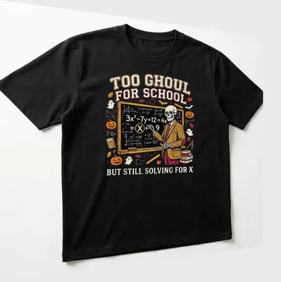 Vintage cartoon Skeleton Teacher t-shirt with humorous school-related text — printed on a unisex t-shirt (angled view)
