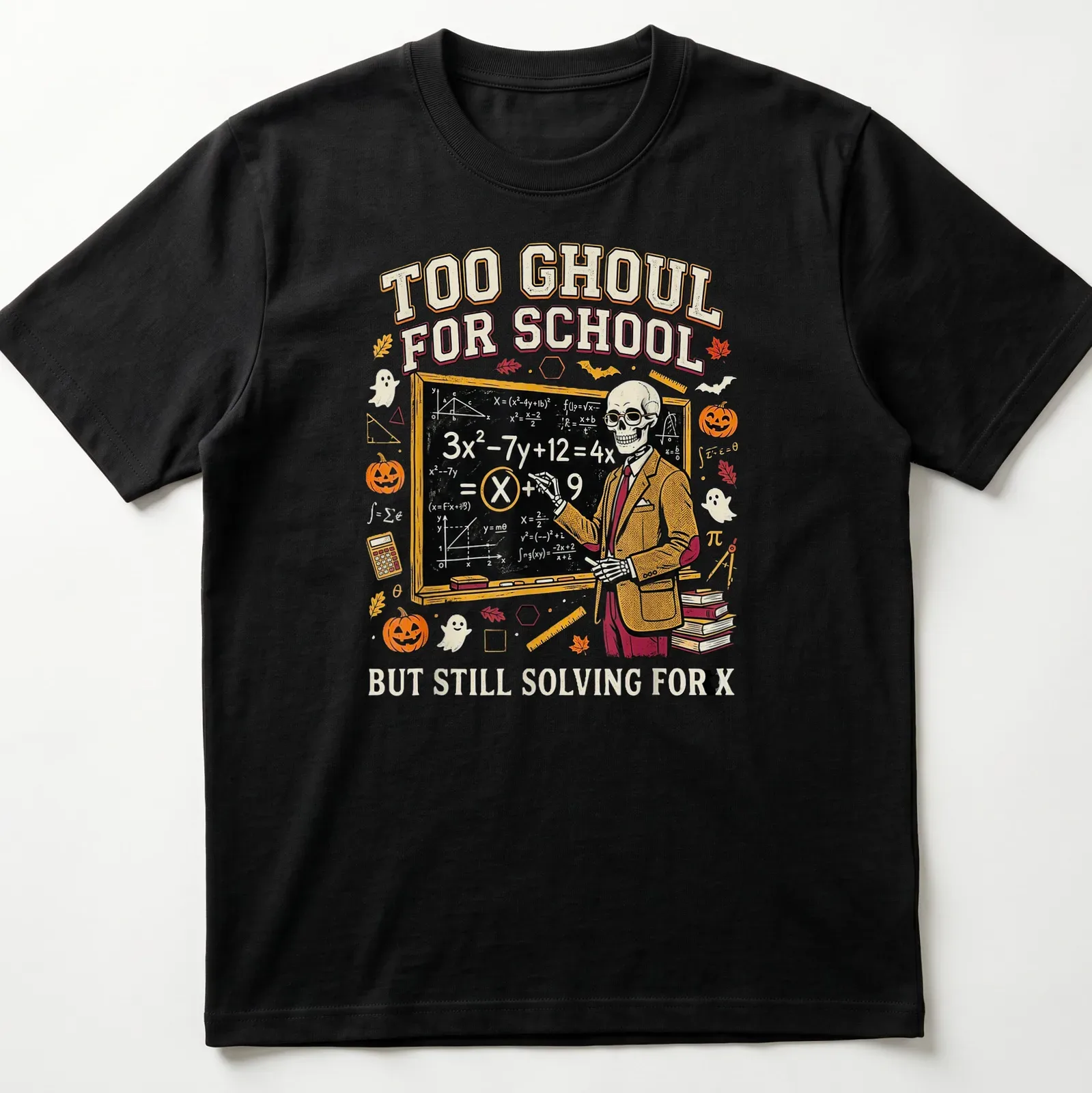 Vintage cartoon Skeleton Teacher t-shirt with humorous school-related text — printed on a unisex t-shirt
