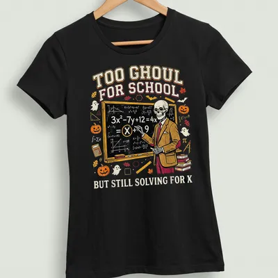 Vintage cartoon Skeleton Teacher t-shirt with humorous school-related text — printed on a women's shirt
